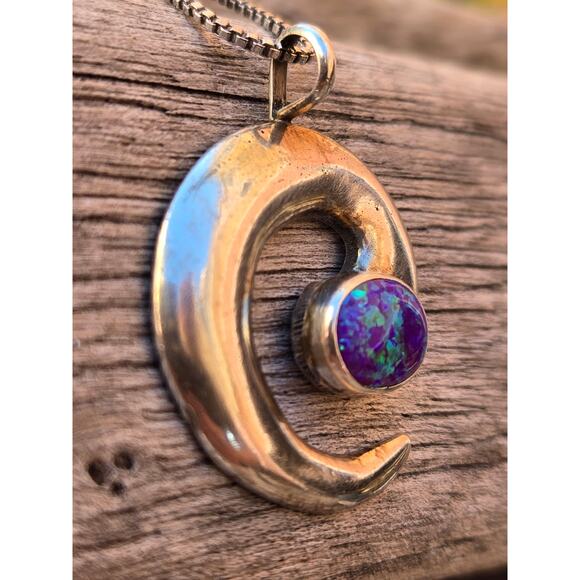 Vintage Sterling Silver Navajo Lowell Draper LD Lab Opal Spiral Pendant Necklace - Picture 6 of 10